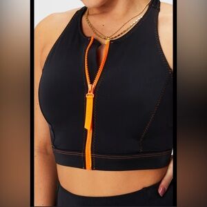 FABLETICS Black orange Zip-Front Racerback Shaping Compression Swim Top Size S